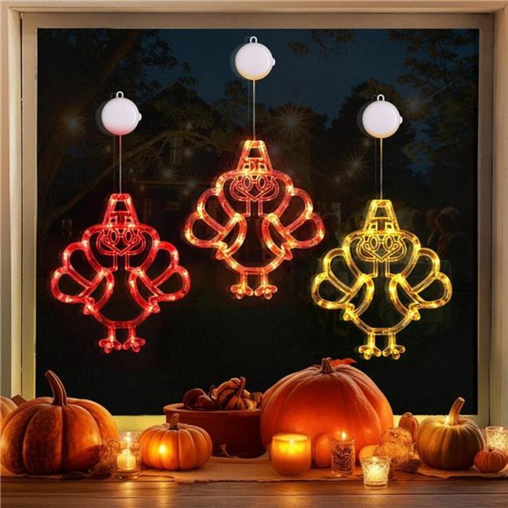 New 3 PCS Thanksgiving Turkey Fall Decorations Window Lights, Battery